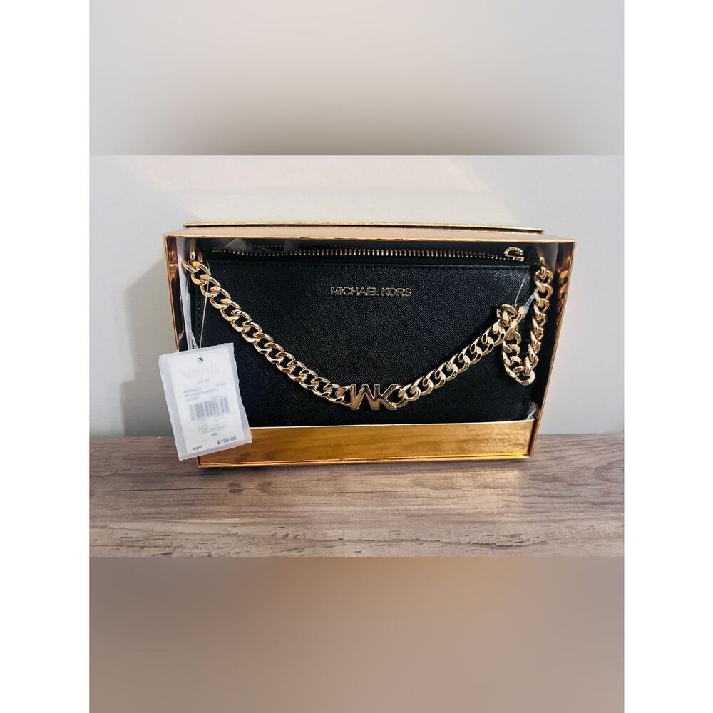 New Michael Kors Jet Set Sm MK Chain Pouchette Leather Black W/ Gold MSRP $198 - Picture 4 of 5